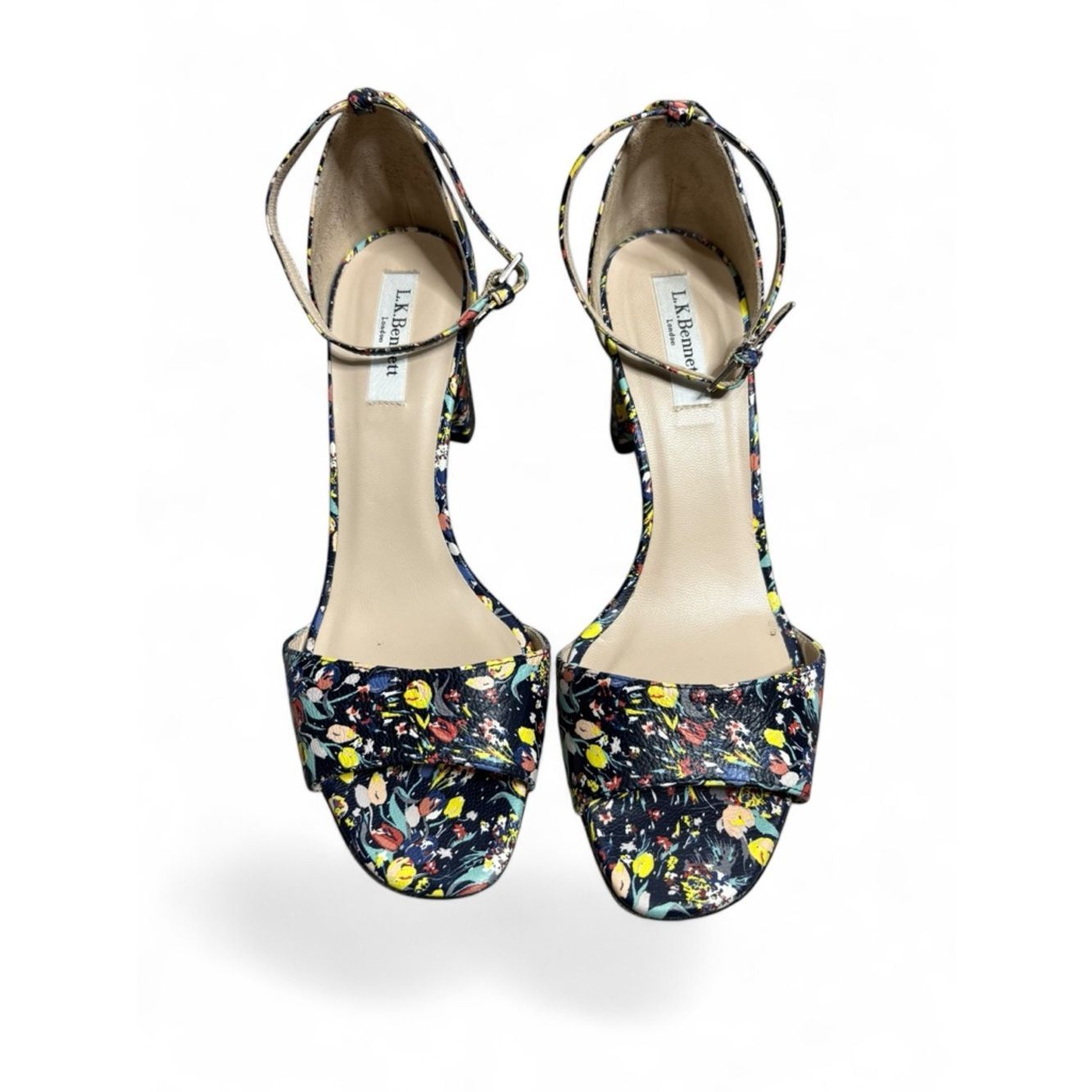 Lk Bennett Helena Navy Floral Ankle-Strap Heels Sandals Women’s Size 38 8 Us